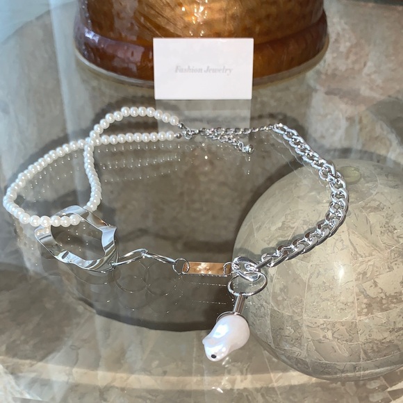 Faux White Pearl & Silver Mixed-Chain Necklace - Picture 4 of 4